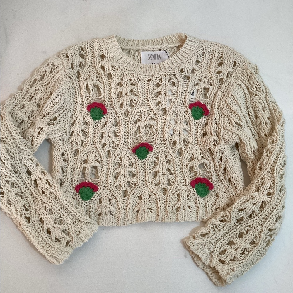 Zara Cream Knit/ crochet crop sweater with pink  and Green Embellishments